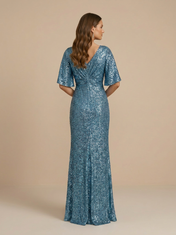 Sequin Sheath V-Neck Floor-Length Evening Dresses with Flutter Sleeves