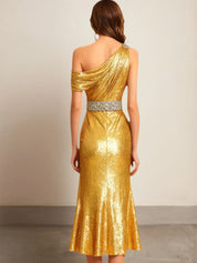 Evening Formal Dress Golden One Shoulder Sequin Midi Dress