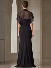 Elegant Black High-Neck Chiffon Evening Dress with Sheer Cape Sleeves, Floral Appliqué and High Slit