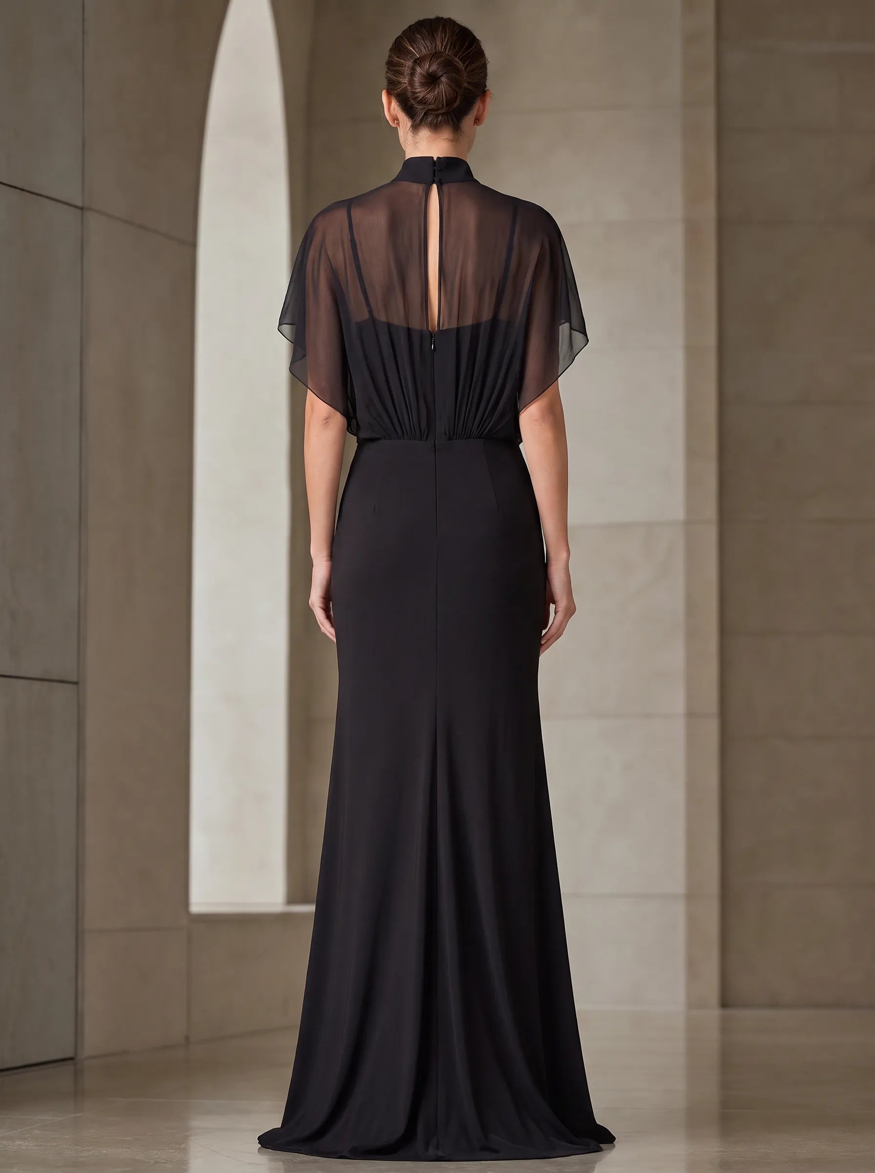 Elegant Black High-Neck Chiffon Evening Dress with Sheer Cape Sleeves, Floral Appliqué and High Slit