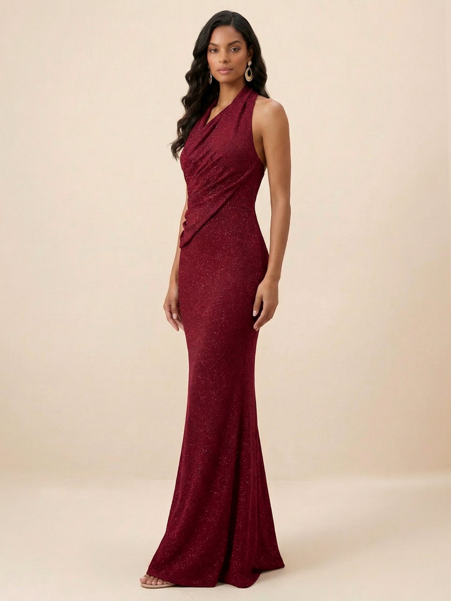 Burgundy Glitter Halter Draped Neck Mermaid Maxi Dress