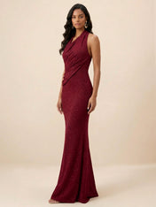 Burgundy Glitter Halter Draped Neck Mermaid Maxi Dress