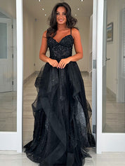 Sparkly Black A Line Spaghetti Straps Tiered Corset Tulle Long Prom Dress