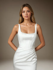 White Mermaid Square Neckline Double Faced Satin Wedding  Dress