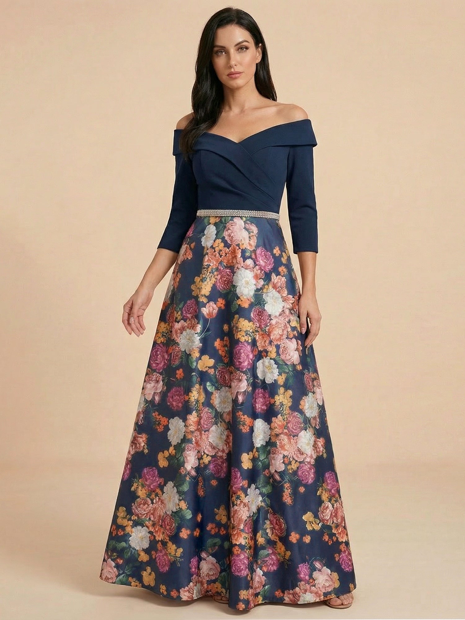 Navy Blue Off the Shoulder 3/4 Sleeves Satin Two-piece Print Floral Mother of the Brides dress