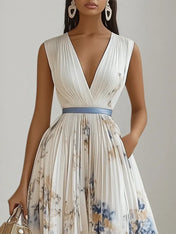 White Pleated Floral Chiffon V Neck Sleeveless A-Line Midi Dress