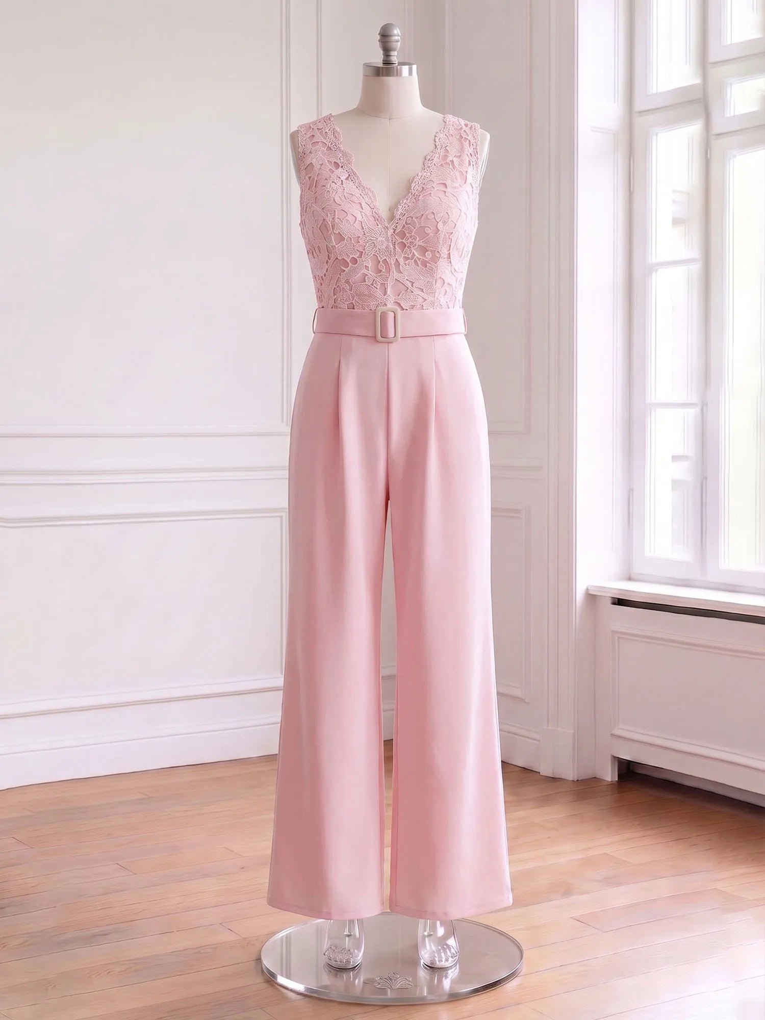 Women Pink Lace Deep V Neck Sleeveless Dressy Jumpsuit