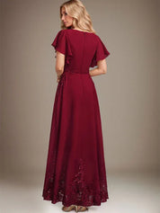 Robe de mère de la mariée trapèze en mousseline de soie et dentelle, longueur cheville, avec paillettes 