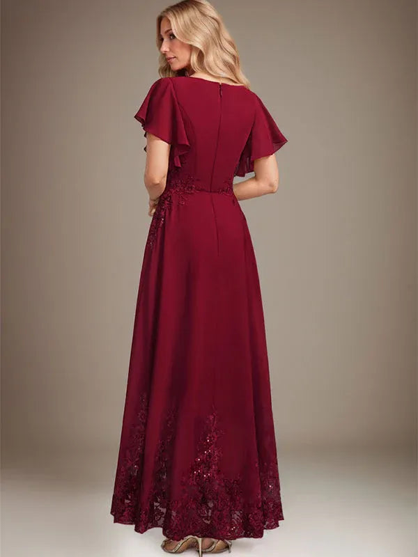 Robe de mère de la mariée trapèze en mousseline de soie et dentelle, longueur cheville, avec paillettes 