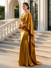 Evening Dress Blue Long Sleeves Ruffle Maxi Dress with Feather