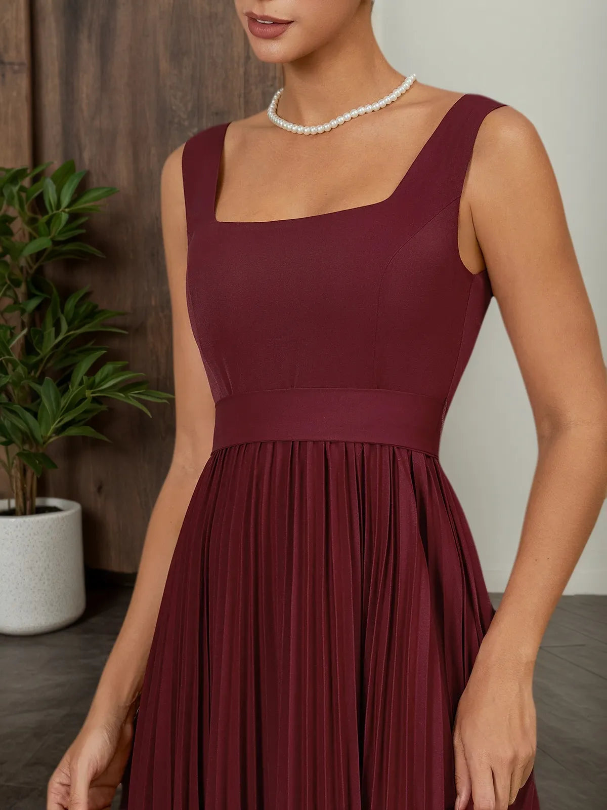 Wine Red Pleated Classic Square Neck Sleeveless A-Line Maxi Dress