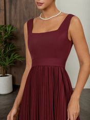 Wine Red Pleated Classic Square Neck Sleeveless A-Line Maxi Dress