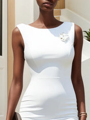 White Lace 3D Floral Classic Boat Neck Sleeveless Sheath Midi Dress