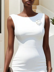 White Lace 3D Floral Classic Boat Neck Sleeveless Sheath Midi Dress