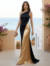 One Shoulder Mermaid Satin Long Evening Dresses for Women