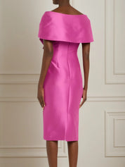 Rose Red Bow Satin Off The Shoulder Sheath Midi Dress