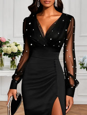 Black Beaded V Neck Balloon Sleeve Midi Sheath Dress