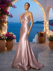 Dusty Pink One Shoulder Evening Dress with Pleat Mermaid Maxi Dress