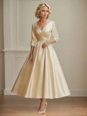 A Line V Neck 3/4 Sleeve Satin Ruched Mother of the Bride Dress