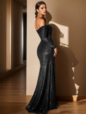 Off-Shoulder Long Sleeve Sequin Ruffled Mermaid Maxi Gown Formal Evening Dress