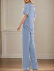 2 Piece Jumpsuit / Pantsuit Crew Neck Floor Length Chiffon Mother of the Bride Dress