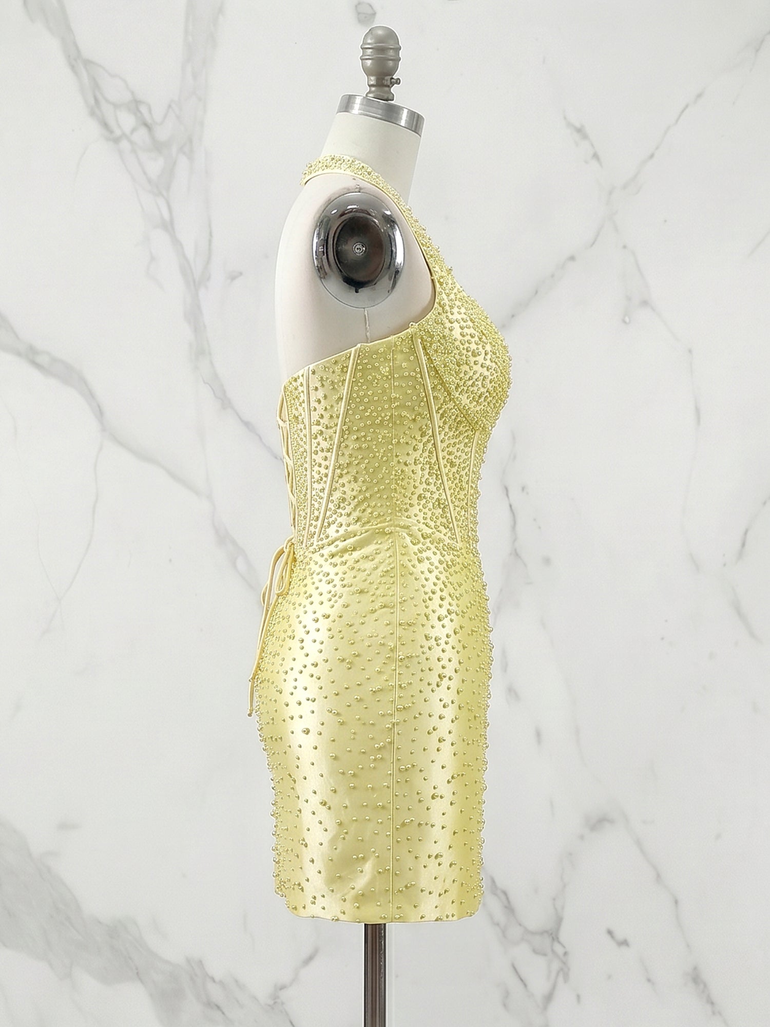 Glamorous Yellow Pearl Beaded Corset Short Homecoming Dress