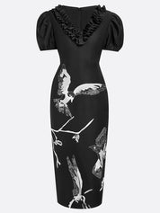 Black Folds V Neck Puff Sleeve Midi Sheath Dress