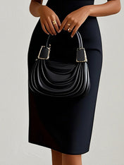 Black Stretch Crepe Round Neck Short Sleeves Knee Length Dress With White Bow