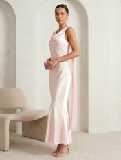 Pink V Neck Satin Mermaid Maxi Dress with Ruffle