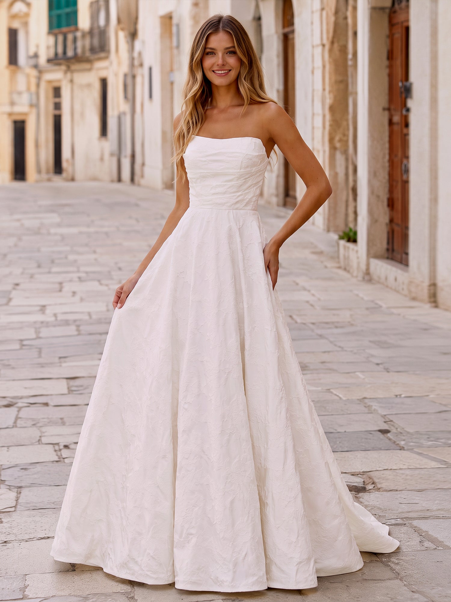 White Embossed Floral Strapless A-Line Wedding Bridal Gown