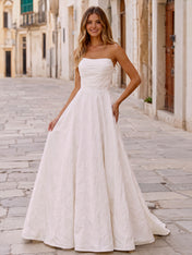 White Embossed Floral Strapless A-Line Wedding Bridal Gown
