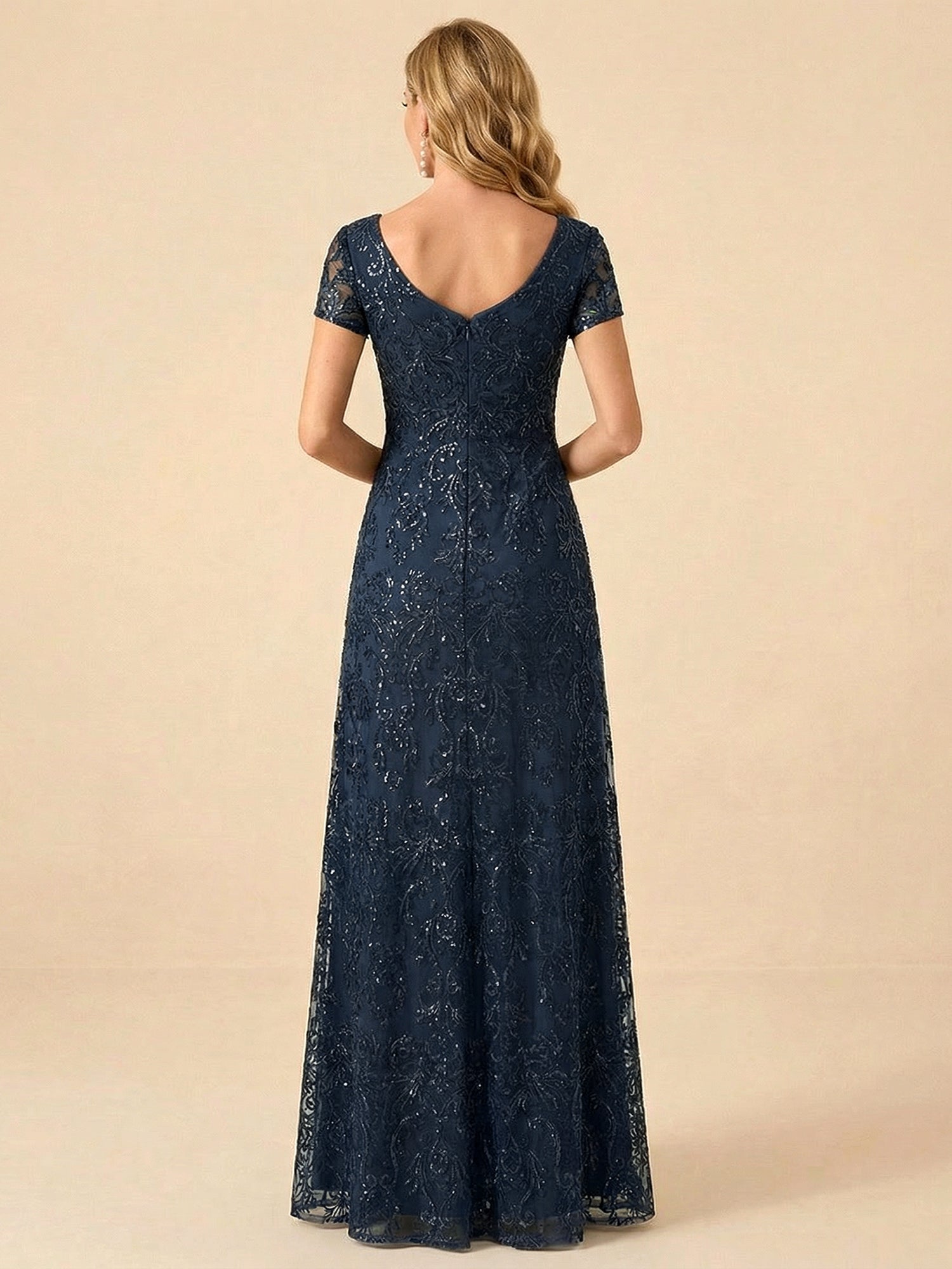 Navy Blue V-Neck Embroidery Short Sleeves Mother of the Brides Gown
