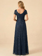 Navy Blue V-Neck Embroidery Short Sleeves Mother of the Brides Gown