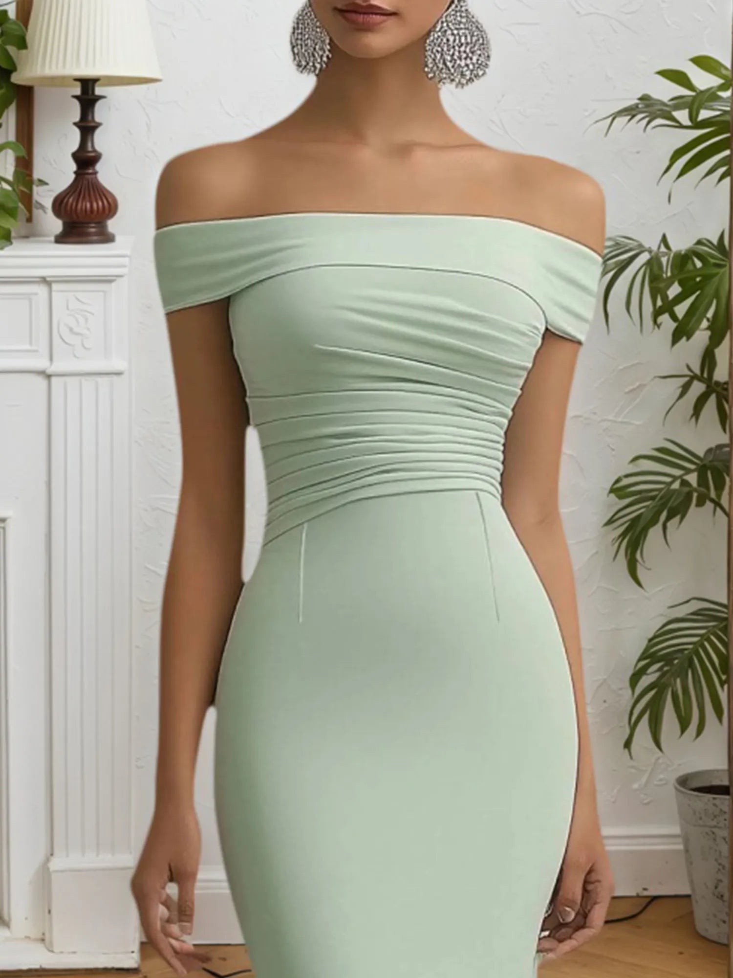 Wedding Guest Party Dress Sage Green Off The Shoulder Mermaid Midi Dress