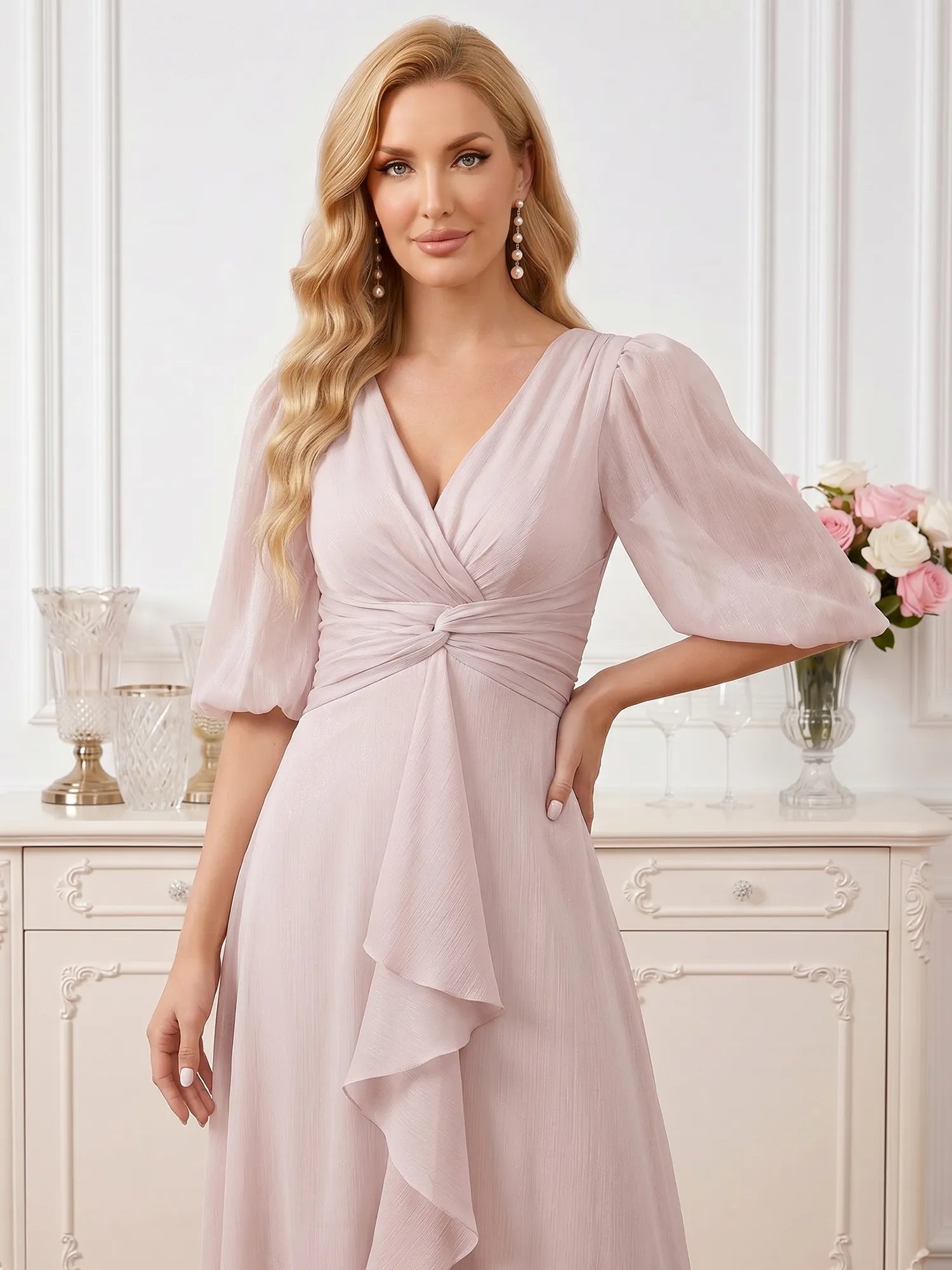 V-Neck Puff Sleeve Chiffon Midi Mother of the Bride Dress with Twisted Waist and Cascading Ruffles