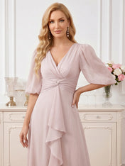 V-Neck Puff Sleeve Chiffon Midi Mother of the Bride Dress with Twisted Waist and Cascading Ruffles