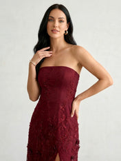Burgundy 3D Floral Lace Strapless A-Line Gown with Side Slit