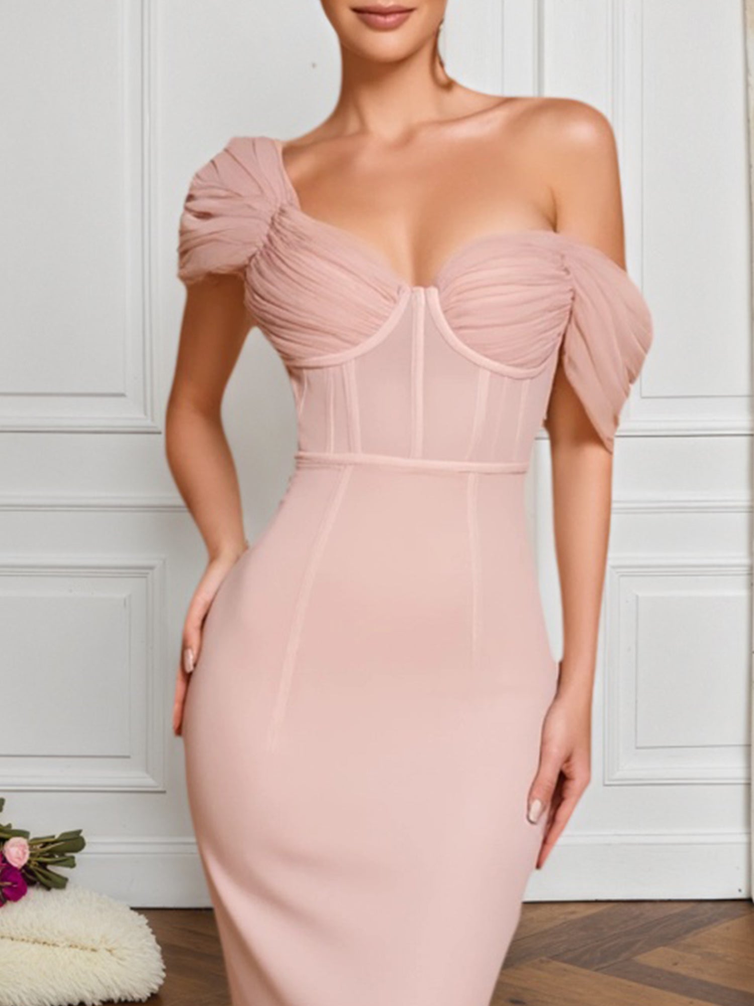 Evening Formal Gown Light Pink Tulle Corset Bodycon Maxi Dress