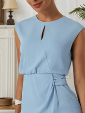 Light Blue Ruched Cut Out Classic Crew Neck Cap Sleeve Sheath Midi Dress