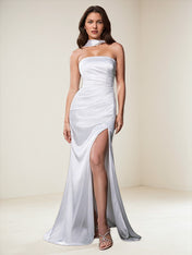 Off White Satin Off The Shoulder Floor Length Dress With High Slit