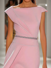Pink Asymmetrical Neck Cap Sleeve Rhinestone A-Line Midi Dress
