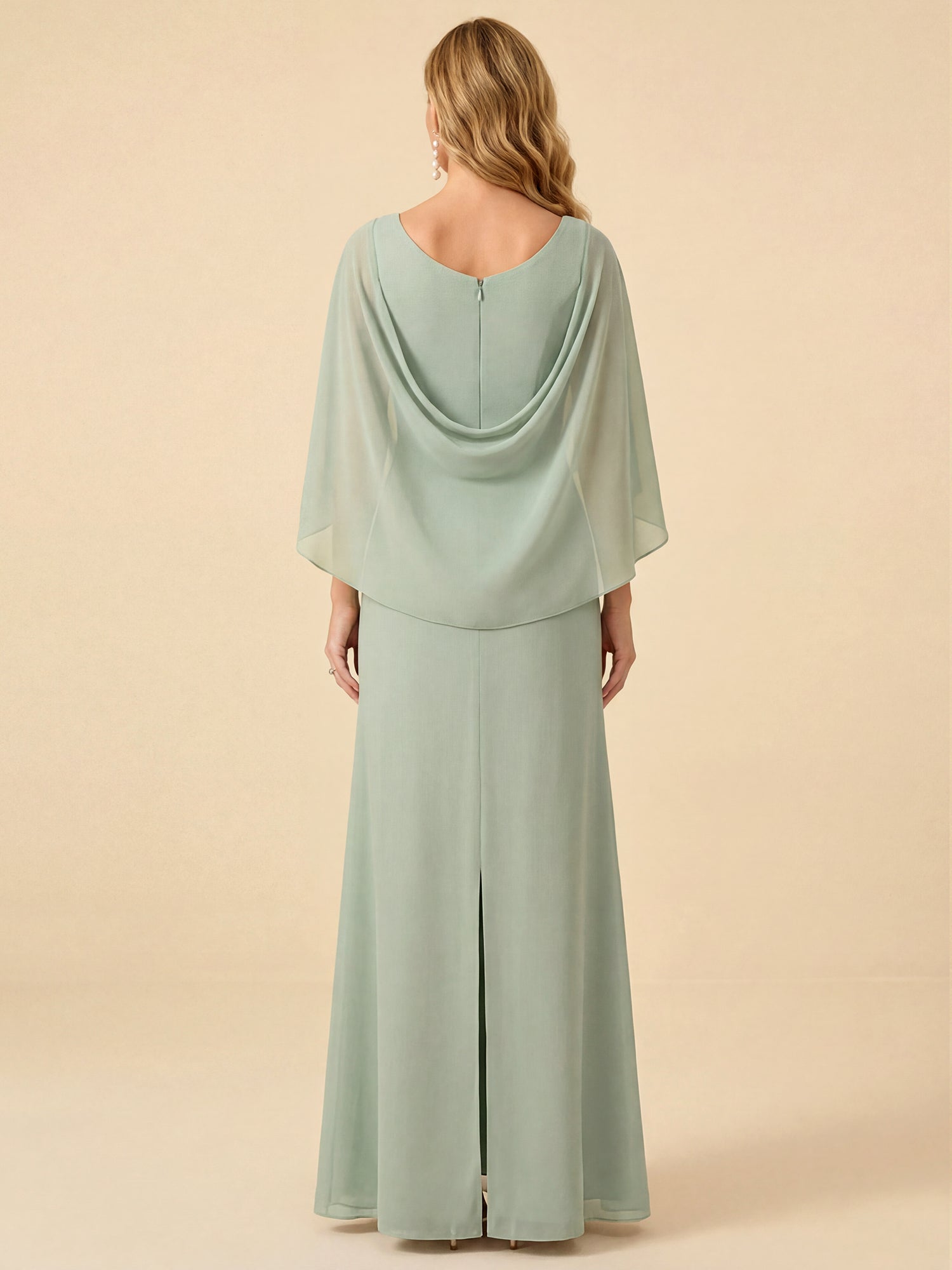 Sage Green Chiffon Beaded Mother of the Bride Dress with Cape Sleeves