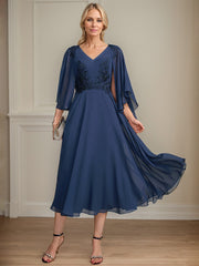 A-line V-Neck Tea-Length Chiffon Lace Mother of the Bride Dress With Beading Sequins