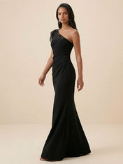 Black One-Shoulder Lace  Ruched Mermaid Evening Dress