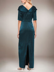 Long Shimmer Column Dress with Foldover Cuff L-Neckline and Elbow Sleeves