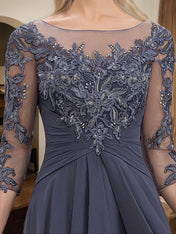 A-line Scoop Illusion Floor-Length Lace Chiffon Mother of the Bride Dress With Cascading Ruffles