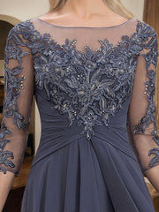 A-line Scoop Illusion Floor-Length Lace Chiffon Mother of the Bride Dress With Cascading Ruffles