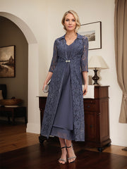 A-line V-Neck Tea-Length Chiffon Mother of the Bride Dress