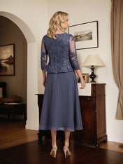 A-line Scoop Tea-Length Lace Chiffon Mother of the Bride Dress With Sequins