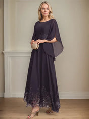 A-line Scoop Illusion Ankle-Length Lace Chiffon Mother of the Bride Dress With Sequins